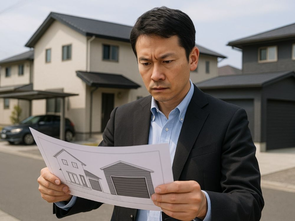 住宅前で悩む男性