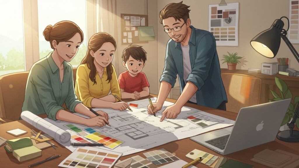 笑顔の家族が、夢のマイホームの大きな設計図に協力して取り組んでいる。