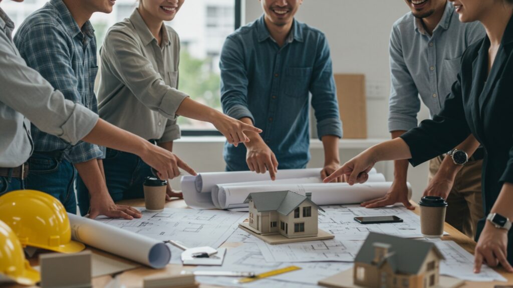 建築家、クライアントなど多様な人々が、設計図、素材サンプル、家の3Dモデルが置かれたテーブルを囲んで楽しそうに協力している