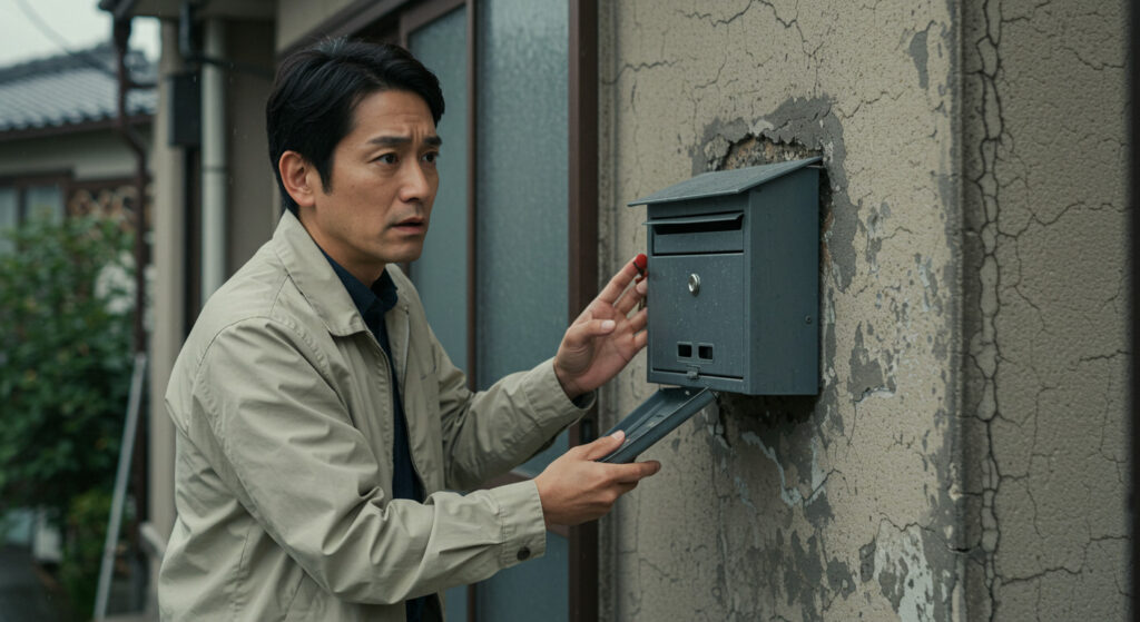 家の壁に斜めに設置された、あるいは破損した郵便受けを見て心配そうな日本の住宅所有者。背景には、ひび割れた壁や雨天で郵便物が損傷している様子が映っている。