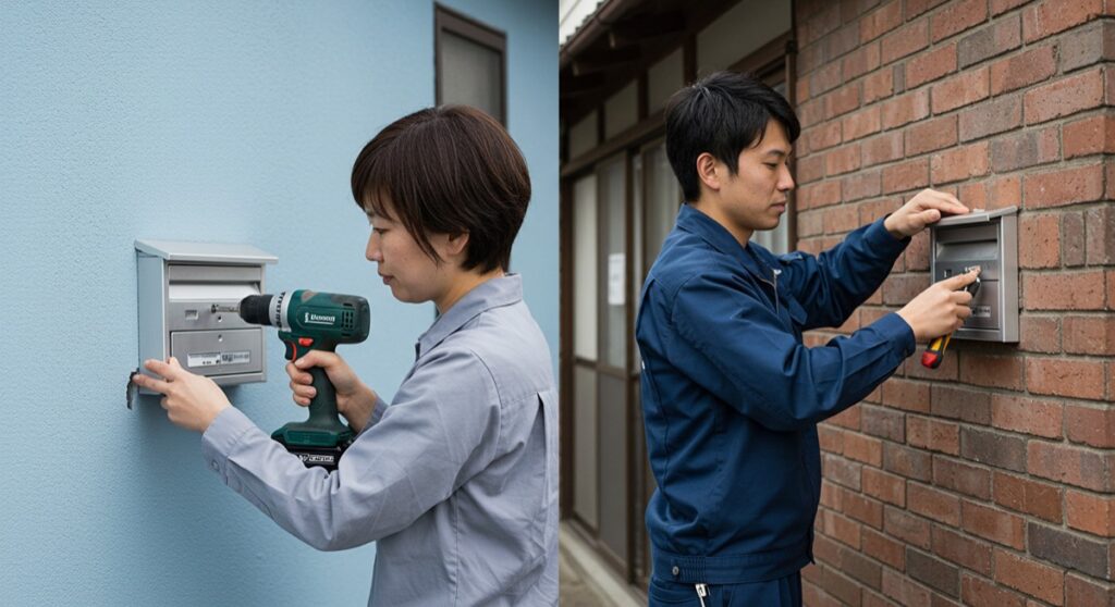分割画像:左は、ドリルを使って壁掛け式郵便受け(DIYスタイル)を設置している住宅所有者。右は、制服を着た専門業者が、より複雑な埋め込み式郵便受けを設置している様子。