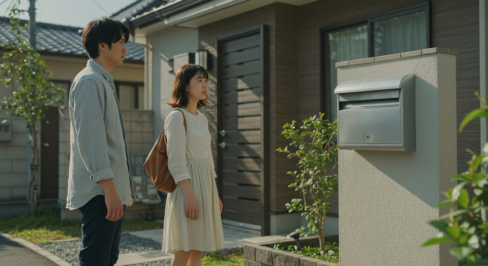 現代的な日本のカップルが新しい家の外に立って、壁に取り付けられた簡素な銀色の郵便受けを無関心に見つめている。