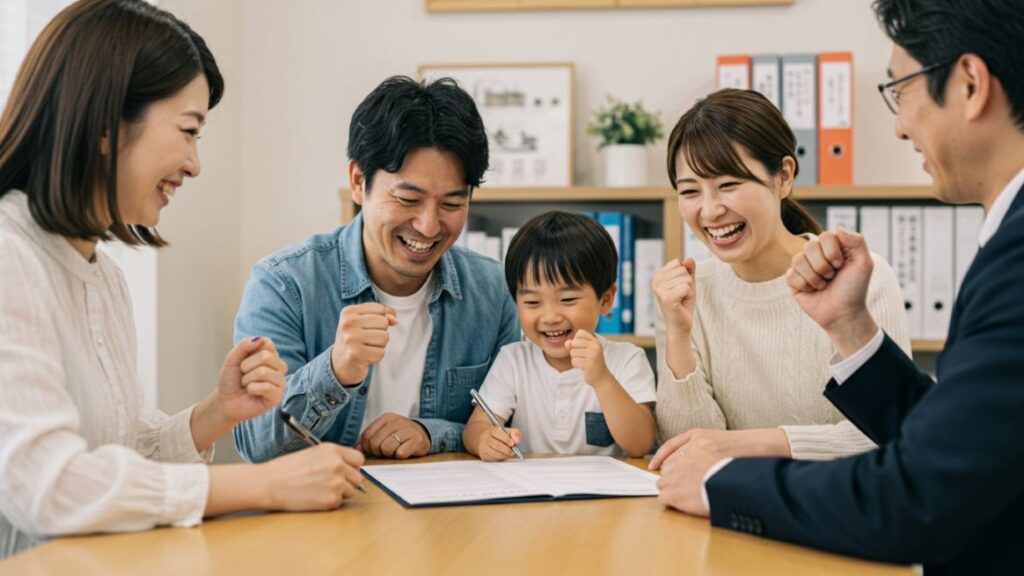 不動産契約の交渉の成功と喜びの家族