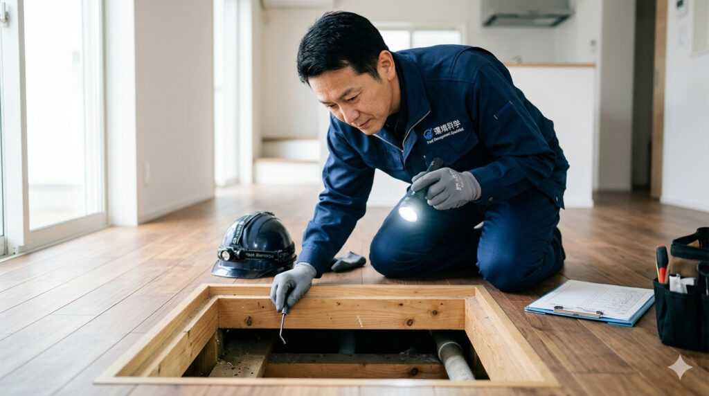 床下の点検をする男性