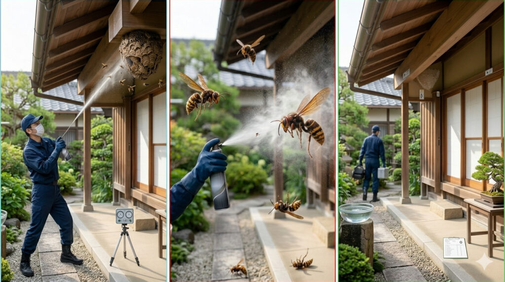 ハチの巣への殺虫剤の噴射の3個のシーン