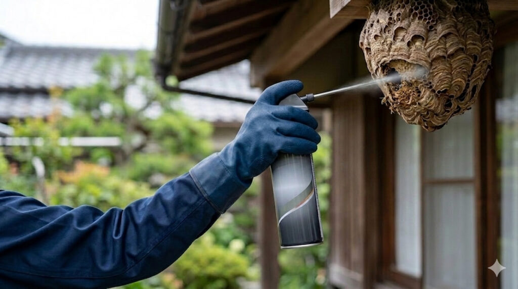ハチの巣に殺虫スプレーを噴射