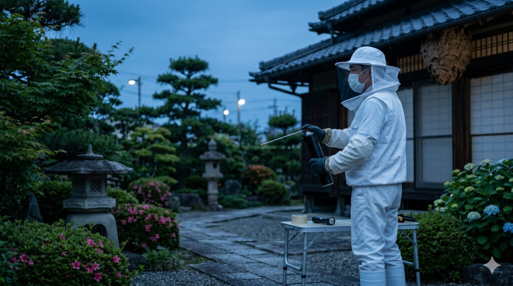 夜間に殺虫スプレーを噴射する作業員