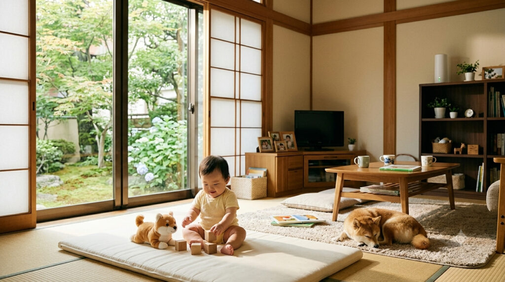 室内にいるペットと赤ちゃん