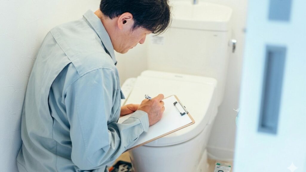 作業員がトイレの確認をしている様子