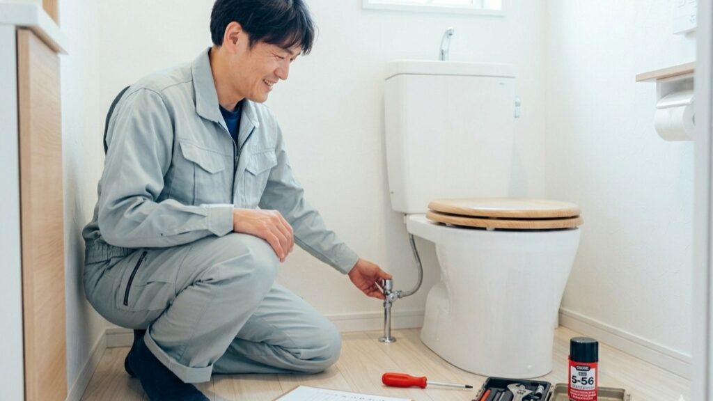 作業員がトイレの修理をして問題解決した様子